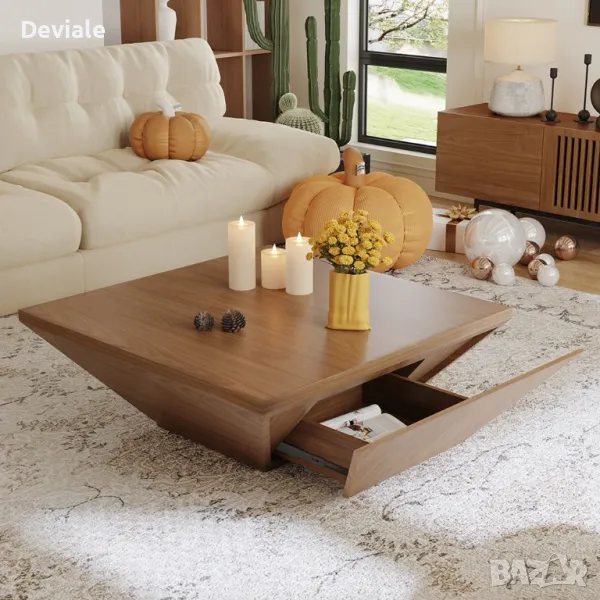 Модерна Минималистична дървена трапецовидна холна масичка за кафе с място за съхранение, орехов фурн, снимка 1