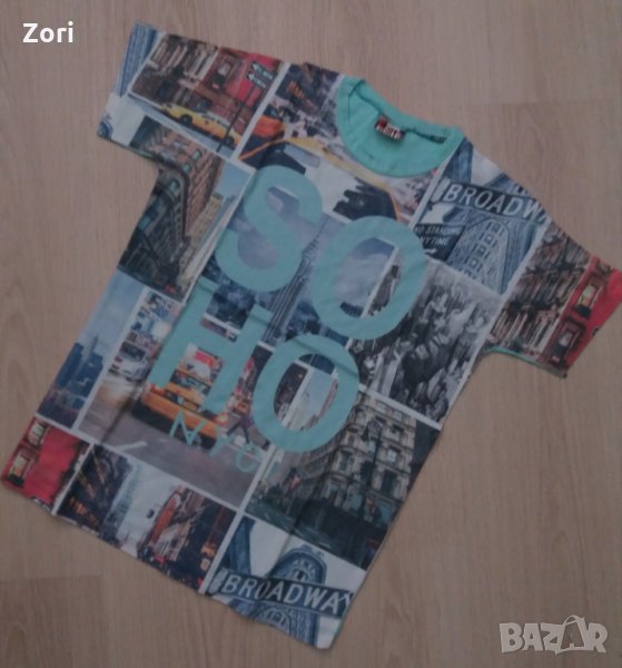 Тениска в цвят аква и щампа Сохо за ръст 140см , снимка 1