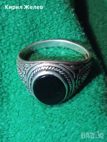 СКЪПОЦЕНЕН ОРНАМЕНТИРАН РЕТРО СРЕБЪРЕН ПРЪСТЕН СРЕБРО 925 АНГЛИЯ ЮВЕЛИРНО ШЛИФОВАН ЧЕРЕН ОНИКС 40625, снимка 1