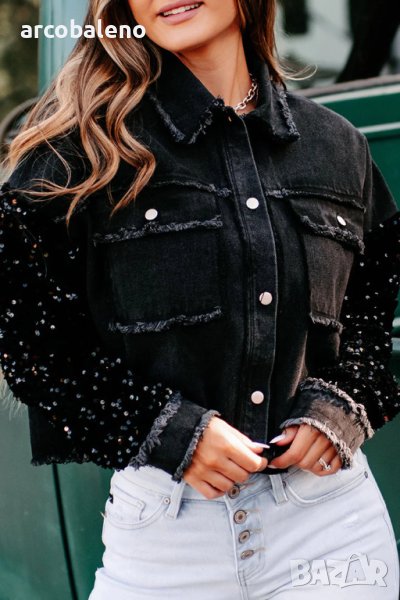 Дамско късо дънково яке с пайети, снимка 1