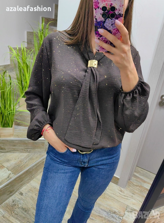 Блуза с бляскави частички в кафяво, снимка 1