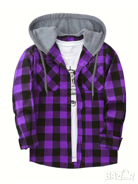 Карирана риза-горнище с качулка, снимка 1