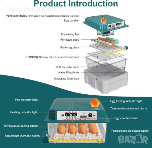 Професионален Автоматичен Инкубатор за Яйца – С LCD дисплей и LED фенерче, снимка 3 - Други стоки за животни - 53098762