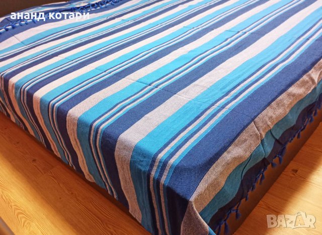 Памучен чаршаф ръчно тъкан- синьо и сиво, снимка 1 - Покривки за легло - 38257807