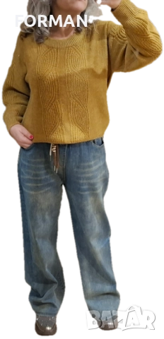 РАЗКОШЕН пуловер с плетеници в цвят горчица, снимка 2 - Блузи с дълъг ръкав и пуловери - 52943786