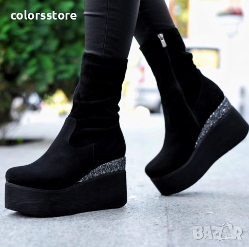 Боти на платформа - черен велур - 121K