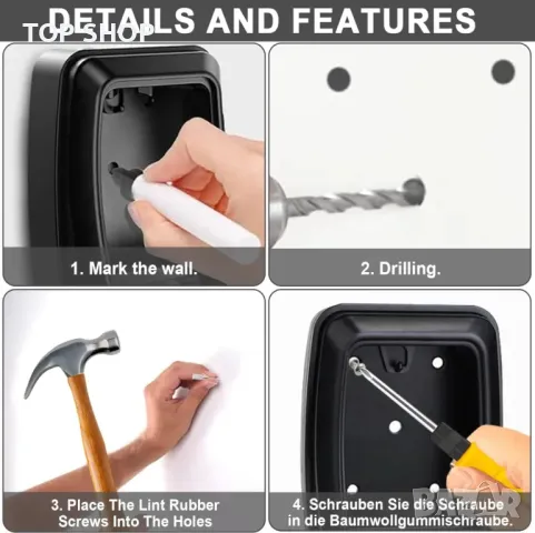 Сейф за ключове, монтиран на стена, водоустойчив капак, 4-12 цифрена комбинация, снимка 7 - Други стоки за дома - 49551800