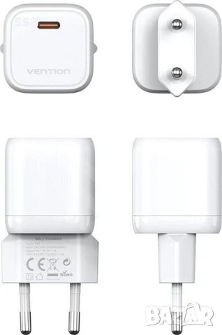 Vention Универсално зарядно за стена Charger Wall GaN - USB Type-C 30W White - FAKW0-EU, снимка 2 - Оригинални зарядни - 43467885