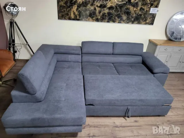 Сив ъглов диван от плат с фунция сън и ракла, снимка 12 - Дивани и мека мебел - 49329274