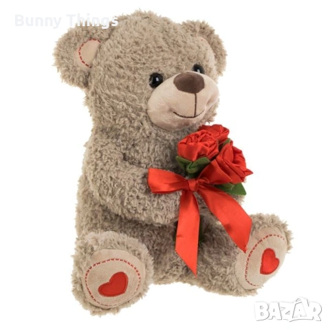 Плюшено мече кафяво с рози 30 cm/ Подарък за Свети Валентин