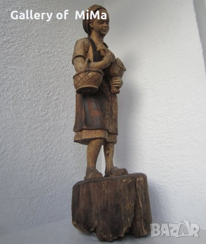 57 см. Момиче с петел Невероятна много стара дървена статуя , снимка 7 - Статуетки - 28940369