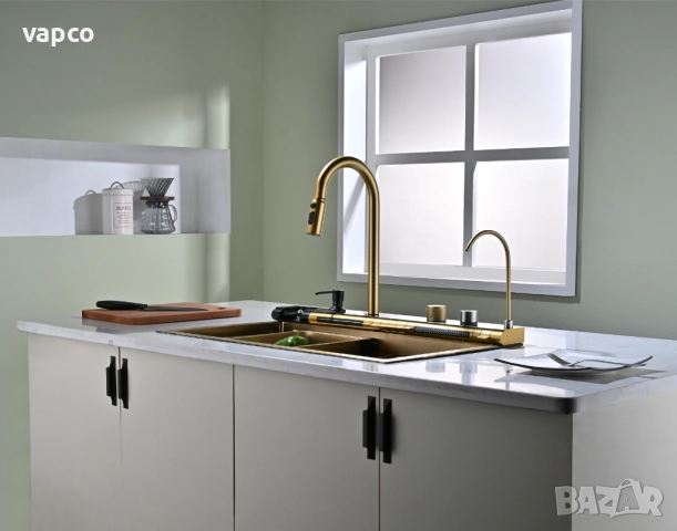 Златна мултифункционална кухненска мивка с регулируем двоен водопад, снимка 9 - Мивки - 51491360