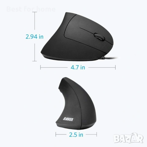 Anker Ергономична оптична USB кабелна вертикална мишка 1000/1600 DPI, 5 бутона CE100 (обновена), снимка 3 - Клавиатури и мишки - 53414755