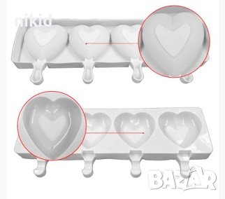 4 обли сърца сърце ескимо сладолед Popsicle Попсикъл молд силиконова форма калъп за направа десерти, снимка 3 - Форми - 39784001