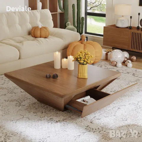 Модерна Минималистична дървена трапецовидна холна масичка за кафе с място за съхранение, орехов фурн