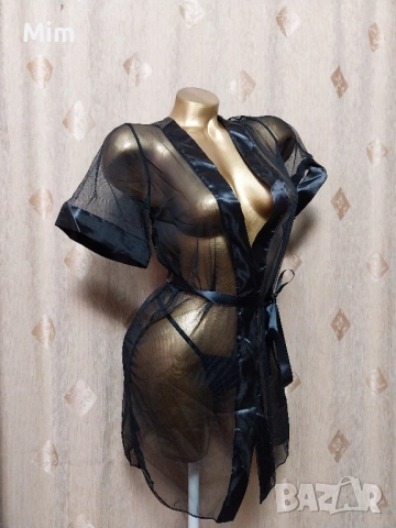 S Ефирен черен халат с къс ръкав , снимка 3 - Нощници - 52004831