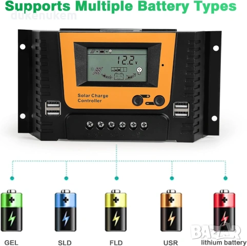 PWM соларен контролер за зареждане 12V/24V/36V/48V, 40A, с LCD дисплей и 4 USB изхода, снимка 6 - Друга електроника - 53018766