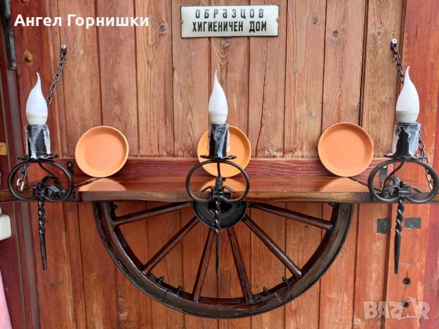 Лампа рафт-етажерща от колело на каруца, снимка 1 - Лампи за стена - 32540271