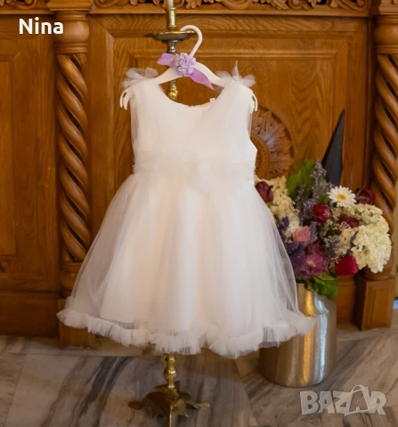 Официална бяла бебешка рокля с панделка за кръщене, рожден ден или шаферка размер 86, снимка 2 - Бебешки рокли - 51076301