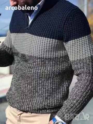 Мъжки ежедневен пуловер с  V-образно деколте и цип със стояща яка, 2цвята - 023, снимка 3 - Пуловери - 43148062