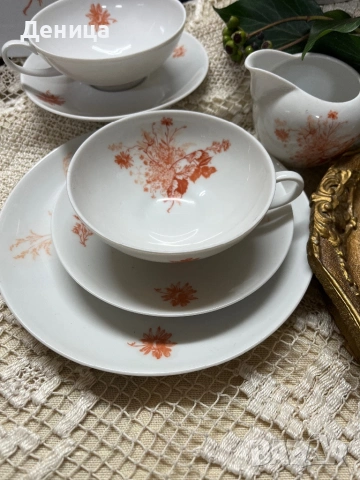 Seltmann Vohenstrauß 1965 Комплект за чай🧡 Бял порцелан и оранжеви цветни клонки. , снимка 3 - Сервизи - 53104264