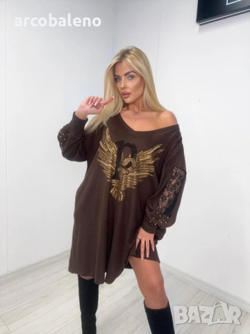 Дамски овърсайз суичър (туника ) с принт и пайети на орел, 2цвята , снимка 5 - Рокли - 53586926