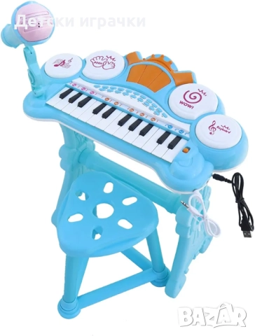 Детско пиано със столче, с микрофон, с барабани, синьо, снимка 3 - Музикални играчки - 52815870