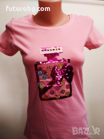 Розова дамска тениска с въртящи се пайети във форма на шише, снимка 4 - Тениски - 32841018