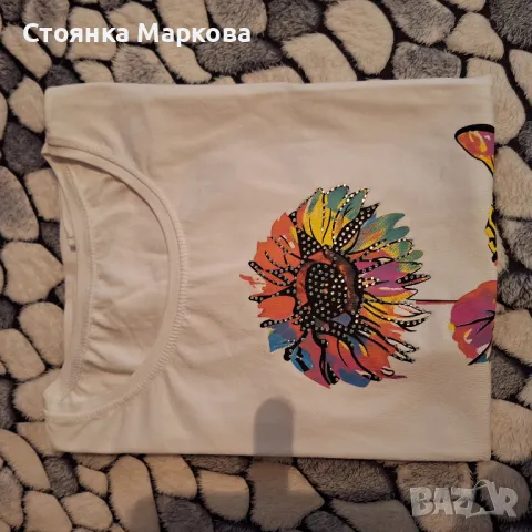 Бяла блузка с красиво цвете с камъчета, снимка 3 - Тениски - 47963473