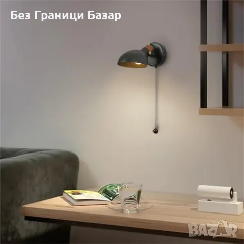 Нова Черна стенна лампа с дървена основа и издърпващ ключ, E14 база, снимка 7 - Лампи за стена - 48715414