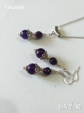Красив комплект бижута с камъни кварц в цвят индиго и орнаменти в цвят Сребро , снимка 3 - Бижутерийни комплекти - 37676212