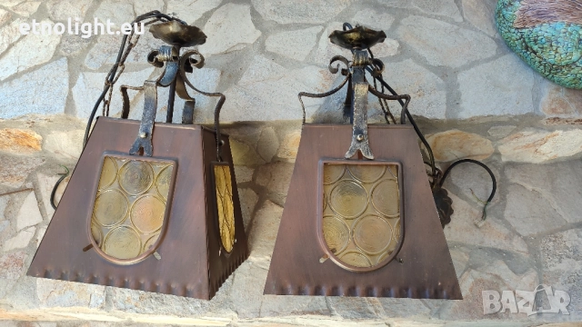 Старинни полилеи съчетание на метални капаци в меден цвят, елементи на ковано желязо и стъкла, снимка 5 - Полилеи - 52541226