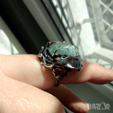 Бутиков сребърен пръстен с естествен аквамарин , снимка 3 - Пръстени - 39723082