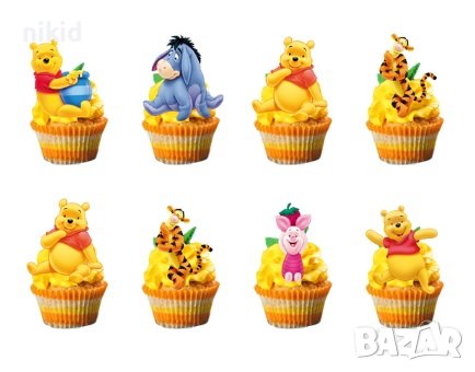 12 бр Мечо Пух къси остри картонени топери за торта мъфини кексчета парти рожден, снимка 2 - Други - 39331279