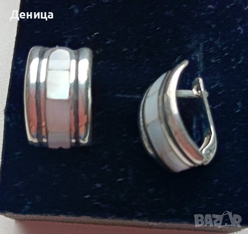 Сребърни обеци 925 с бял камък Седеф - Ръчна изработка, снимка 3 - Обеци - 43920005