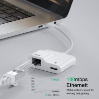 Нов USB C към Ethernet адаптер мрежов конвертор с PD 60W зареждане за MacBook Pro/Air, снимка 4 - Друга електроника - 39681589
