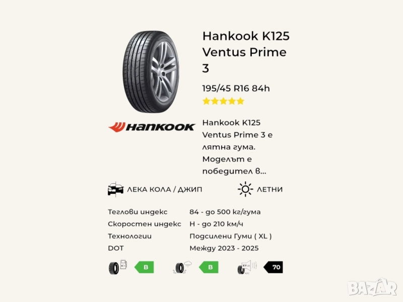 Комплект гуми Hankook Ventus Prime 3 195/45 R16 DOT 11/2024, снимка 1