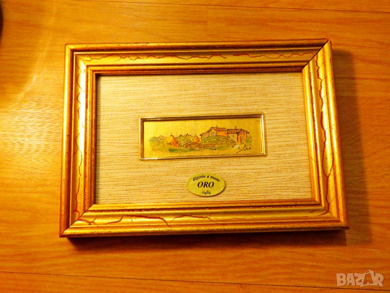 Злато старинна златна картина рисувана върху златно фолио  - къщи с две купи сено - 22 карата, снимка 1