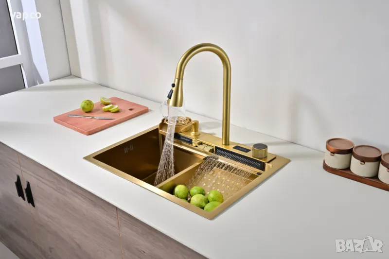 60см Златна мултифункционална кухненска мивка с двоен водопад, снимка 1
