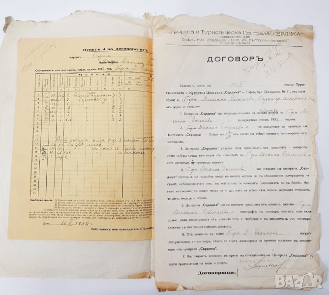 Стари туристически договори със спецификации, 1932г. - 4 бр.(3.4), снимка 1