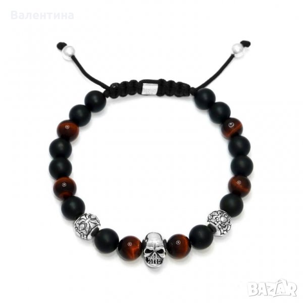 Мъжка гривна от оникс, тигрово око и сребърен череп, снимка 1