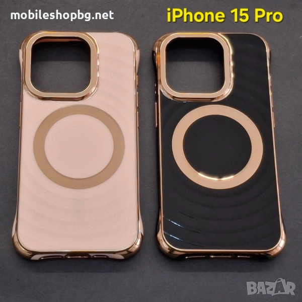 iPhone 15 Pro кейс със златист ринг розов черен, снимка 1