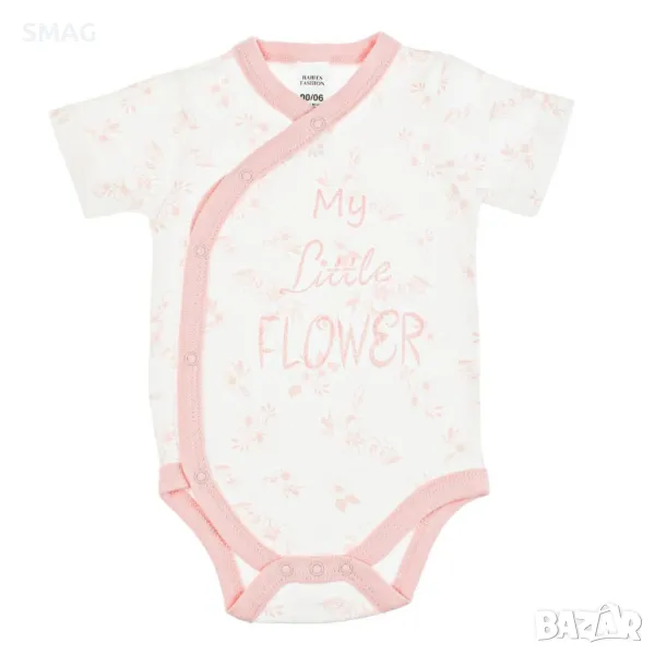 Бебешко памучно боди с къс ръкав и бели розови цветя My Little Flower 0-6 месеца S_1233524, снимка 1