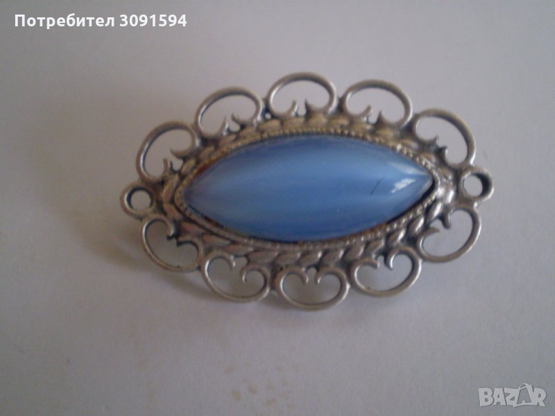 брошка филигран със сребърно покритие И СИНЬО СТЪКЛО, снимка 1