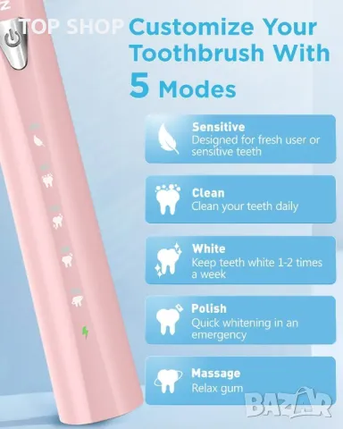 Звукова електрическа четка за зъби PHYLIAN,8 глави,акумулаторна,3 часа бързо зареждане за 120 дни, снимка 5 - Маши за коса - 48805026