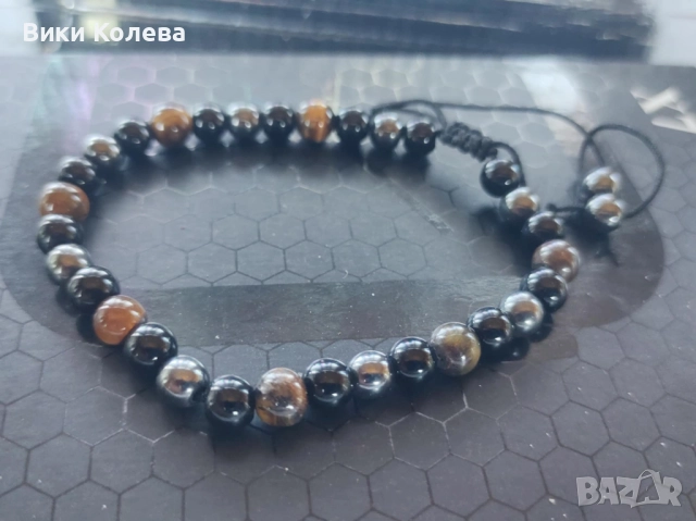 Гривна "Тройна Сила и Защита" – Тигрово Око, Хематит и Обсидиан, снимка 2 - Гривни - 52799170