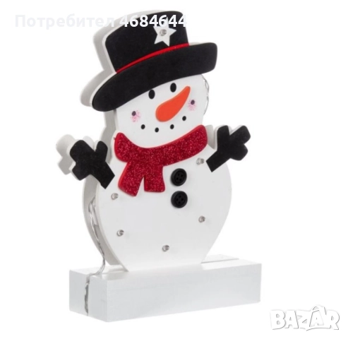 Светеща коледна украса във формата на снежен човек 25 см. Дървена LED декорация снежен човек с 6 LED