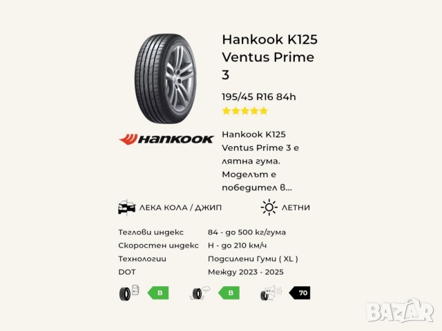 Комплект гуми Hankook Ventus Prime 3 195/45 R16 DOT 11/2024, снимка 1
