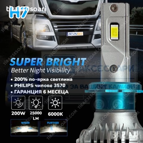 LED Диодни крушки за камиони, бусове H7 200W 12-24V +200%, снимка 2 - Аксесоари и консумативи - 40271525