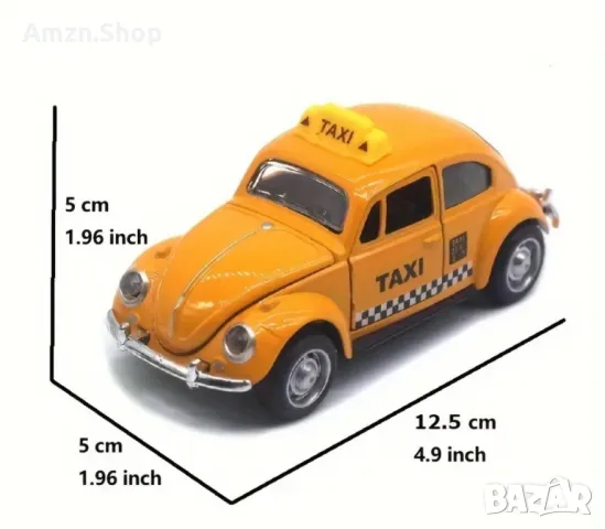 Ретро метална кола VW Beetle Taxi двигател Pull-Back отворени врати и капак 12 см, снимка 4 - Колекции - 48642745